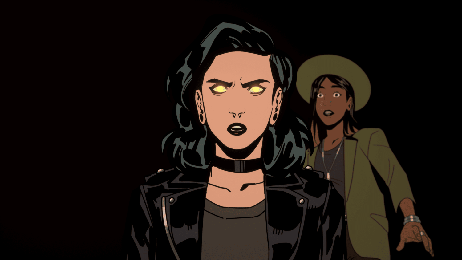 Woman with glowing yellow eyes wearing a black leather jacket and choker, with a surprised person in a hat behind her