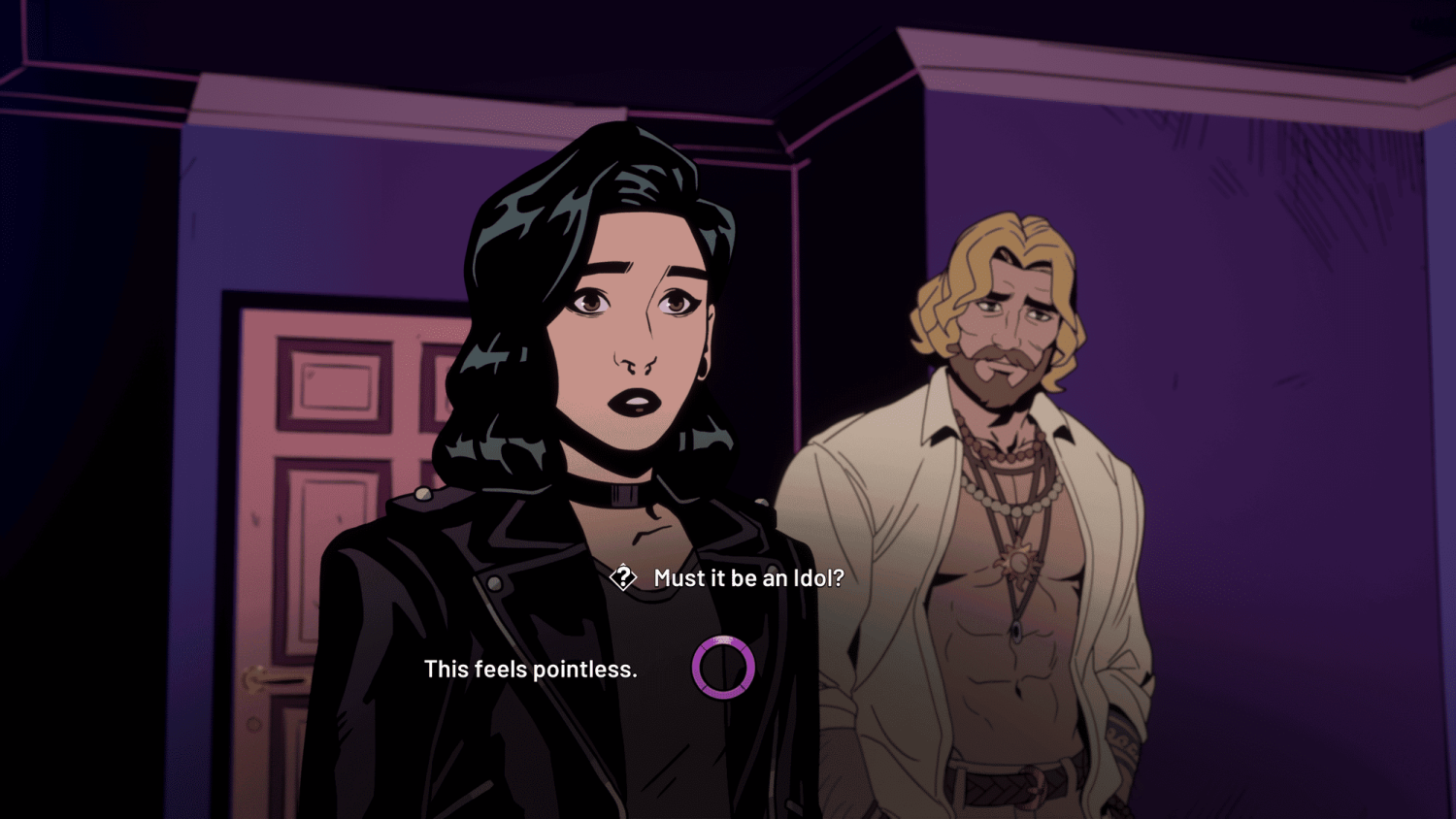 Two animated characters in a dim purple room with dialogue choices displayed in front of the female character