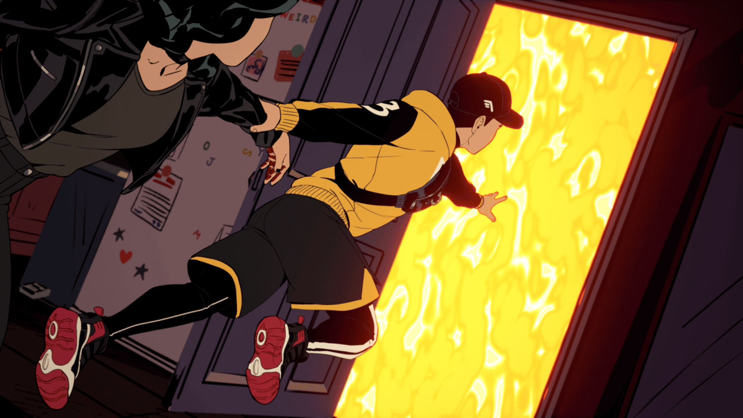 Two animated characters reaching towards a bright, glowing yellow portal in a dark room with lockers