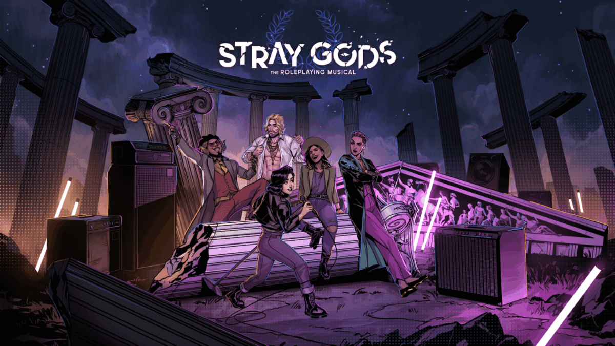 Five animated characters posing on ancient ruins with musical equipment under night sky
