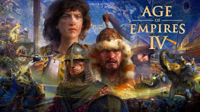 Promotional artwork for Age of Empires IV featuring medieval warriors and war elephants in battle