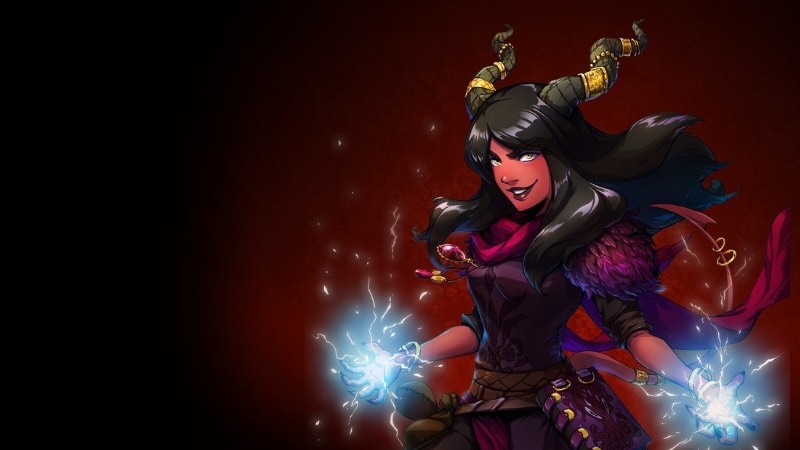 Female humanoid character with large curved horns casting blue glowing magical energy from her hands against a dark red background