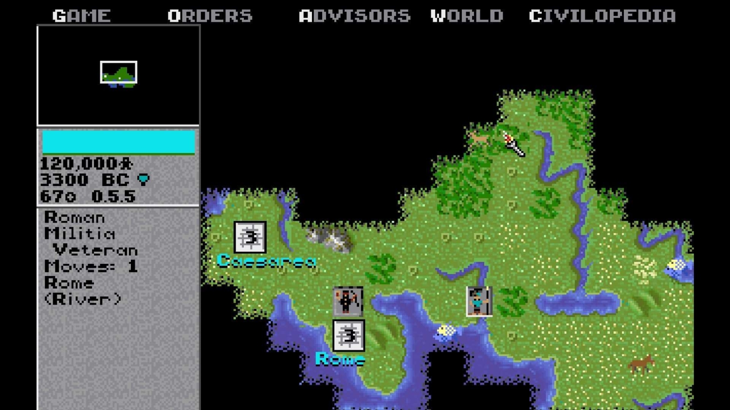 Pixelated 1991 strategy game map with Roman militia unit near Rome and Caesarea cities