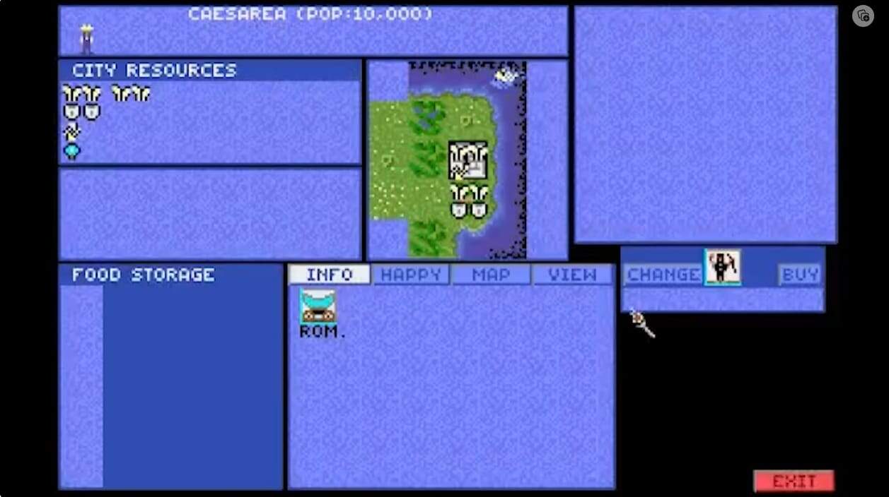 Gameplay screen from Sid Meier's Civilization showing Caesarea city map, resources, and population of 10,000