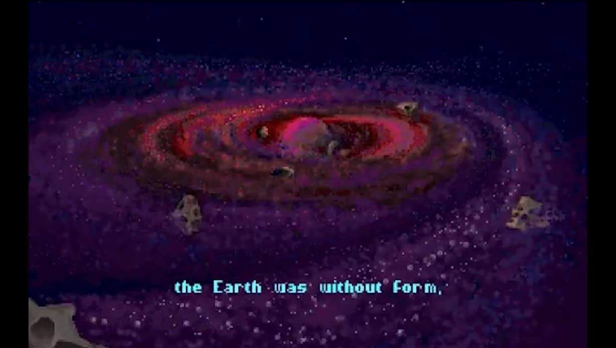 Pixelated animated galaxy with rings and asteroids and text stating 'the Earth was without form'