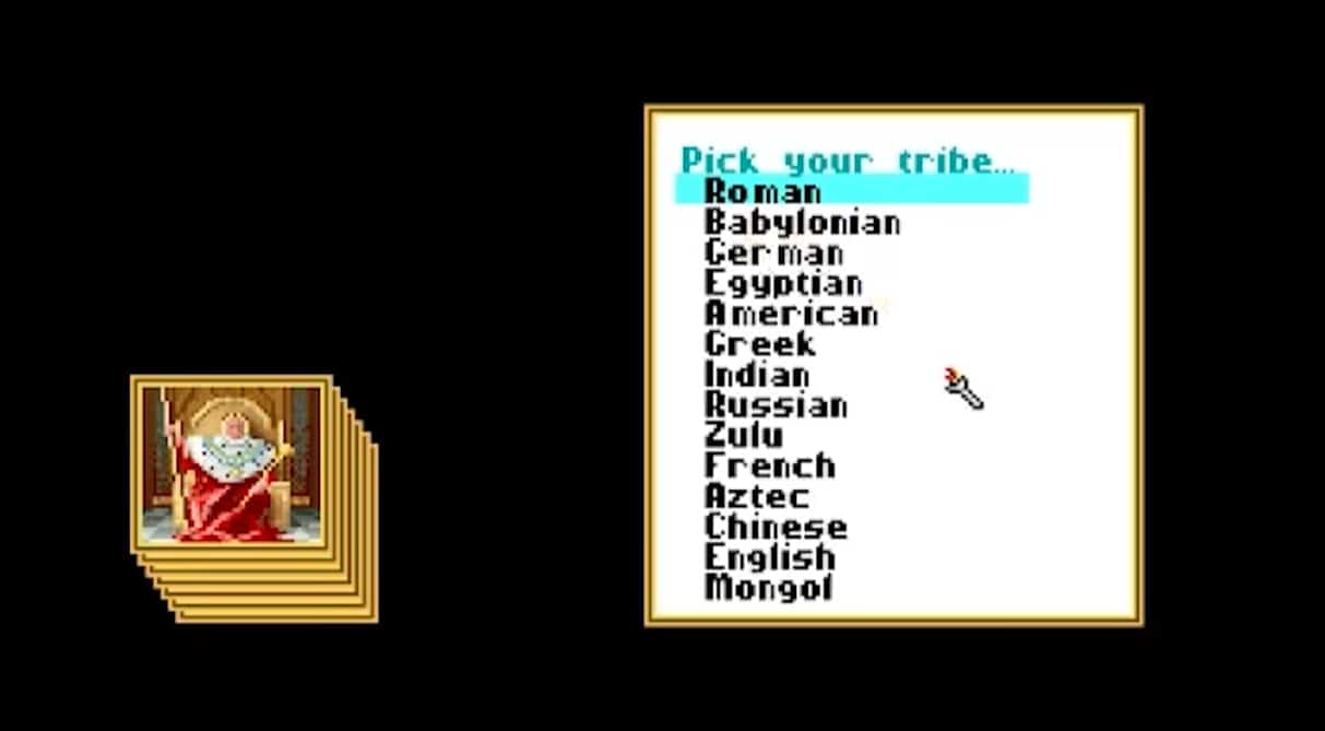 List of tribes to select in Civilization game with Roman tribe highlighted and pixelated ruler portrait