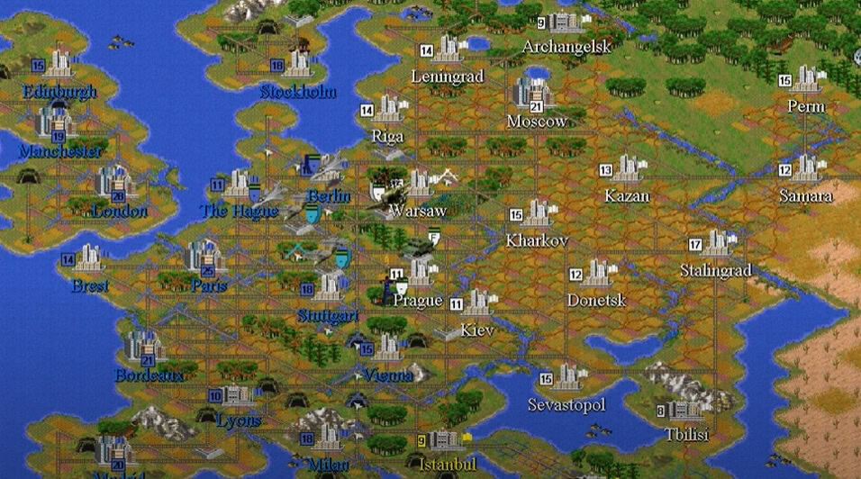 Civilization II European map Strategic map view showing European cities, terrain, and game units in Civilization II