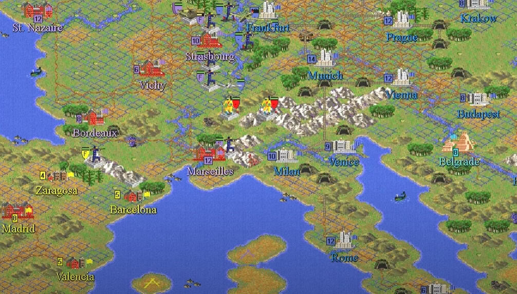 Civilization II European Map Isometric view of a Civilization II game map showing European cities, terrain, and units