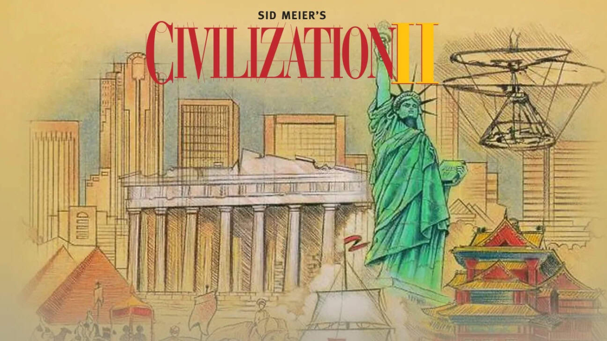 Illustrated cover art for Civilization II featuring Statue of Liberty, ancient and modern buildings, and a helicopter