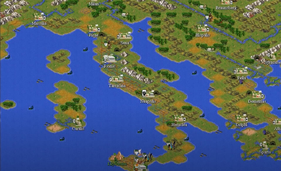 Civilization II Italian Peninsula Map Top-down view of Civilization II game map showing Italian peninsula with cities, units, and terrain