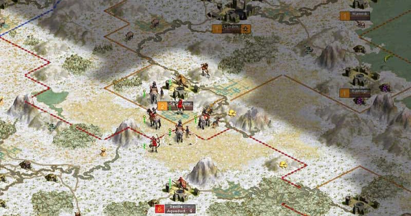 Snow-covered map with cities like London and Hastings, featuring military units and borders in Civilization III gameplay