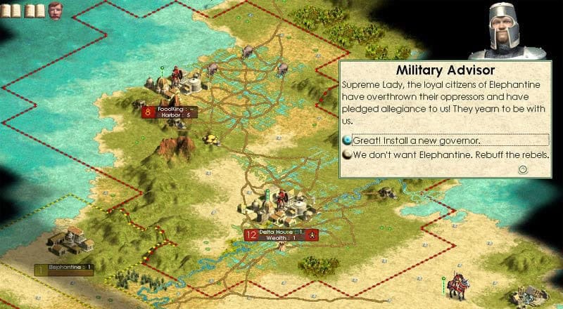 Turn-based strategy map showing cities, roads, and a military advisor message offering a new governor