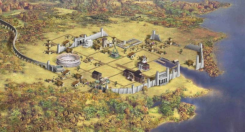 Strategy game city with stone walls, coliseum, tall tower, and river surrounded by autumnal trees