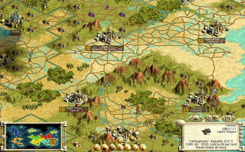 Turn-based strategy game map showing cities, terrain features, and military units with interface details