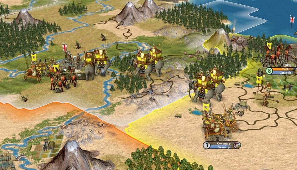 Strategic game view showing a city with elephants and horse-mounted units near mountains and coastline