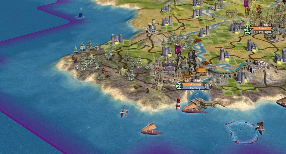 Coastal city with factories and various buildings next to a harbour in Civilization IV game map