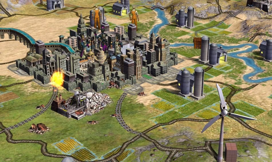 A detailed late-game city in Civilization IV with industrial buildings, farms, railroads, and wind turbines