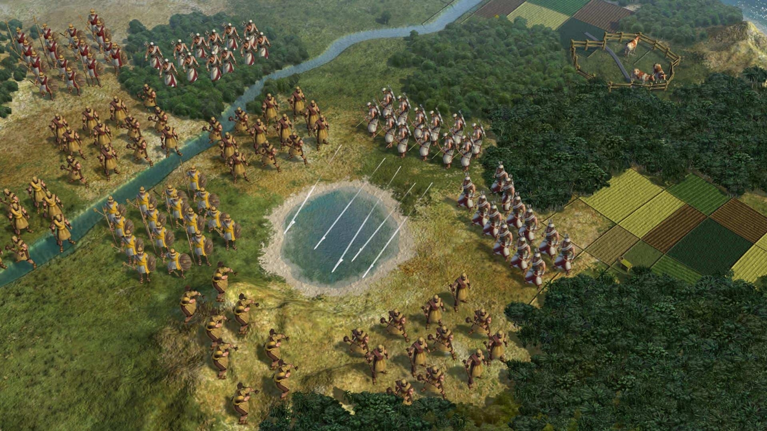 Armies positioned around a small water source on a hexagonal terrain strategy map showing units poised for battle