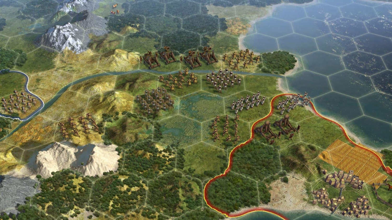 Hexagonal grid map showing military units, catapults, forests, mountains, and coastline in a strategy game