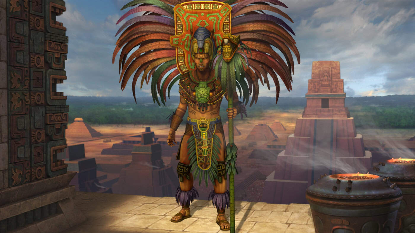 Aztec warrior in elaborate feathered headdress holding decorated staff on temple terrace overlooking pyramids