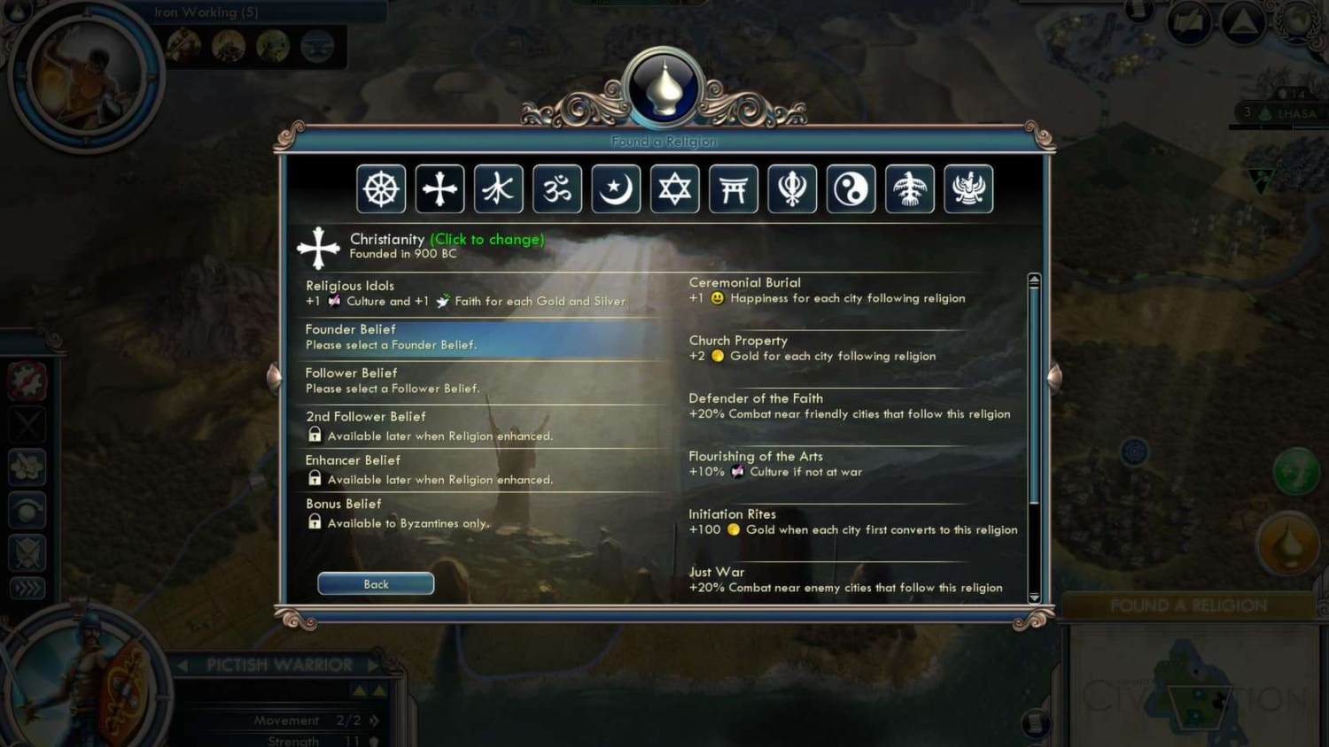 Civilization V screen showing founding and belief selection menu for Christianity in 900 BC with various religious benefits