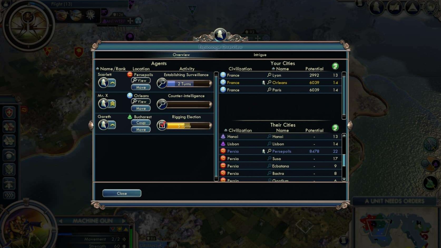 Espionage interface in Civilization V showing agents' activities in cities and nearby city potential values