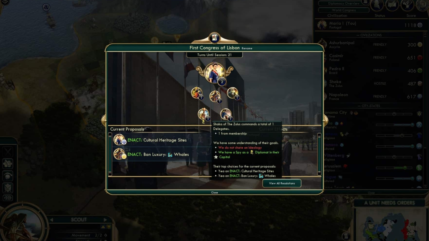 Civilization V screen showing First Congress of Lisbon with diplomatic proposals to enact cultural heritage and ban whale hunting