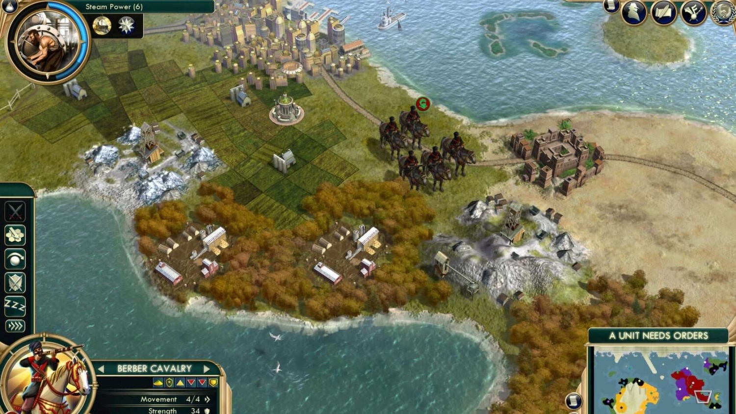 Gameplay showing Berber Cavalry unit positioned near a coastline with city buildings, farms, and forest areas in Civilization V