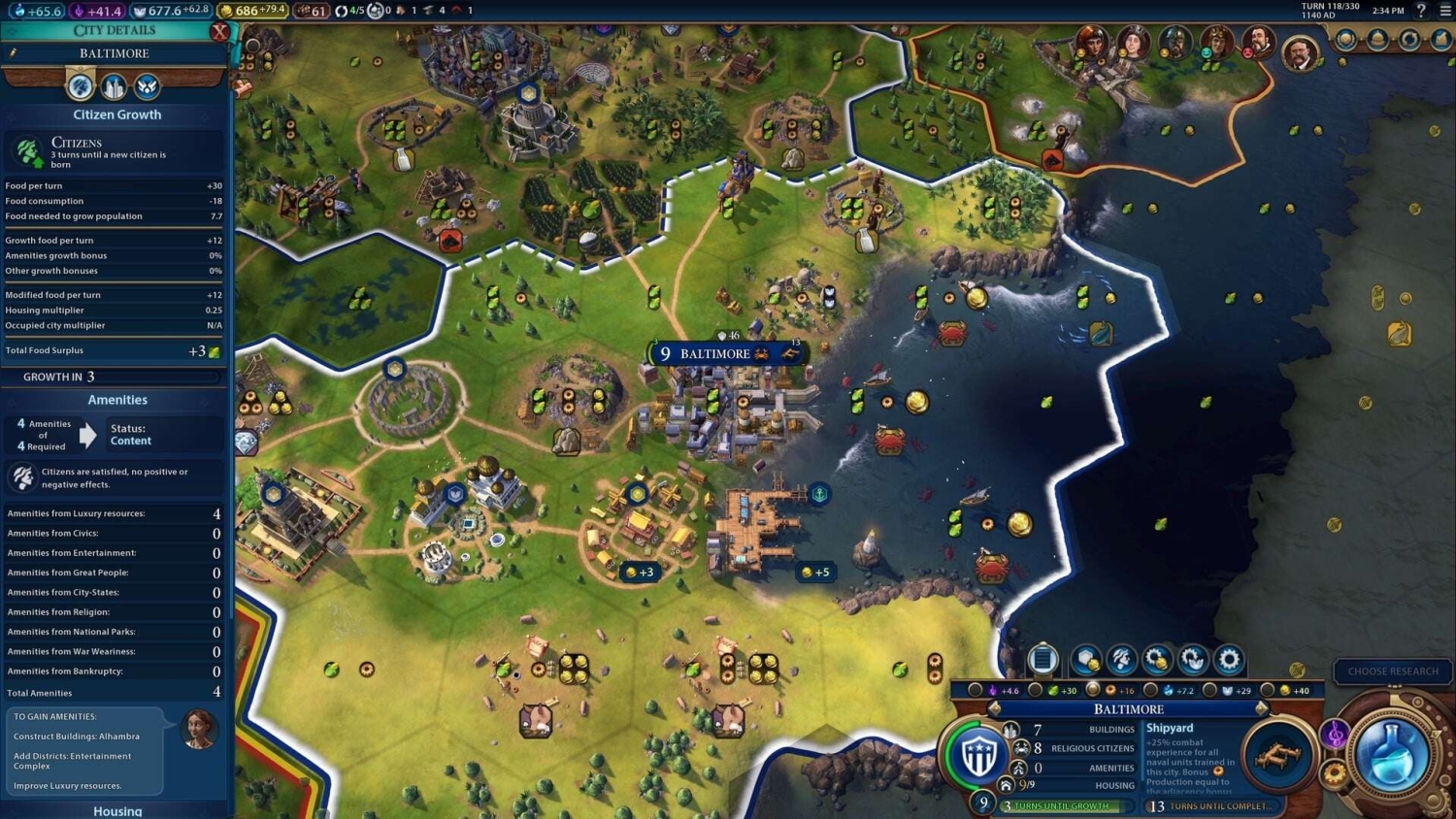Civilization VI city management screen showing Baltimore's growth, amenities, and resources by the coast
