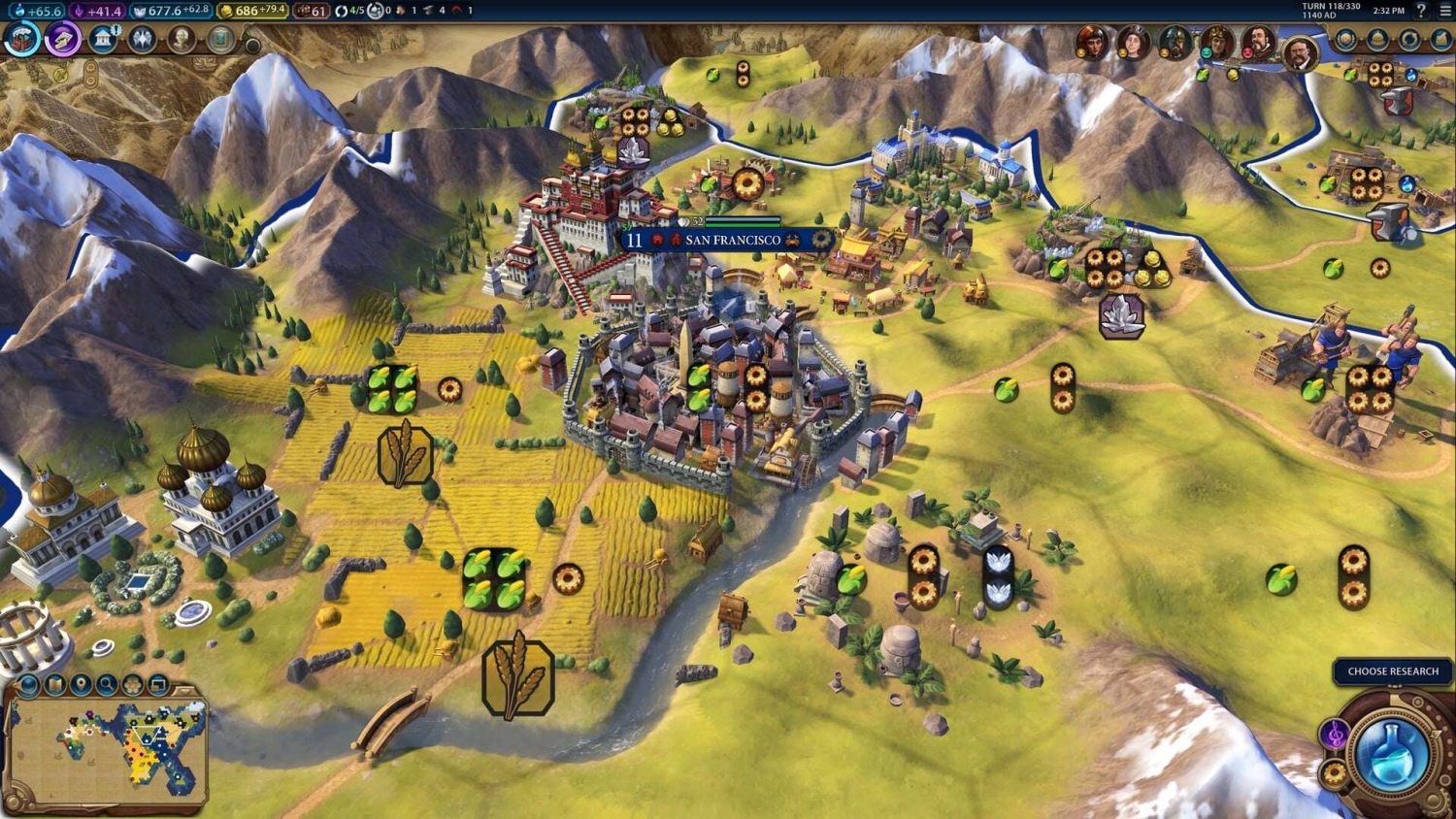 Detailed view of San Francisco city on a strategy game map showing farms, buildings, resources, and mountains
