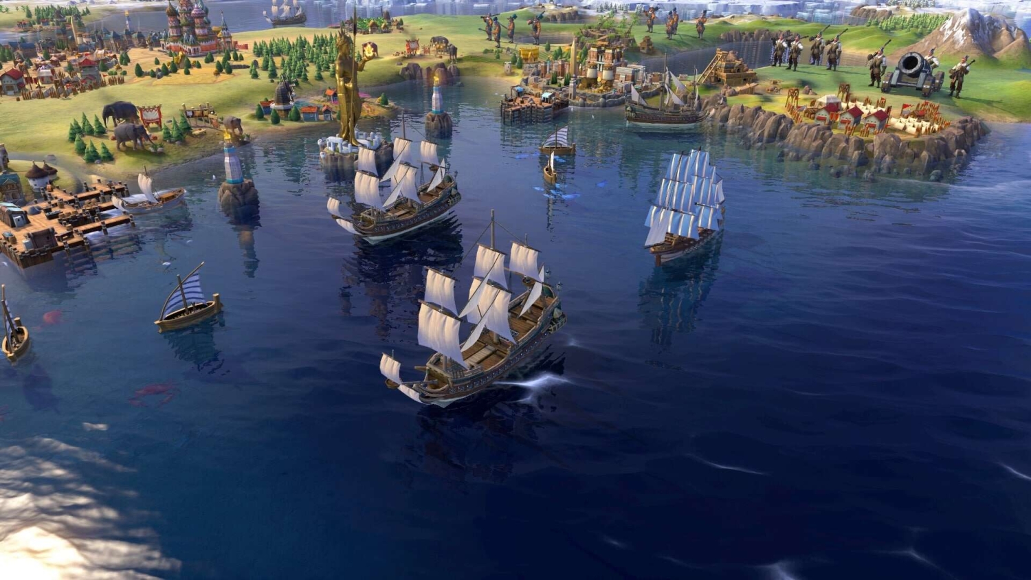 Several large sailing ships with white sails near a coastal city featuring ancient and medieval buildings in a strategy game