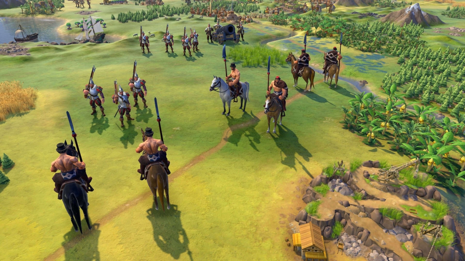 Medieval foot soldiers and cavalry arranged on grassy terrain near river and farmland in a game scene