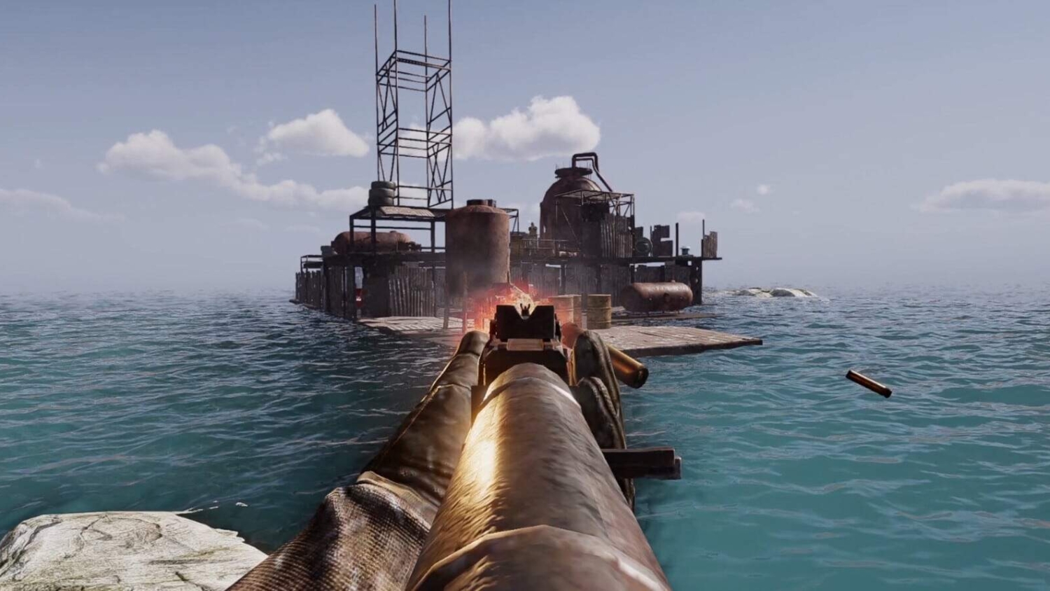 First-person view aiming rifle at a rusty metal platform surrounded by sea under a cloudy sky