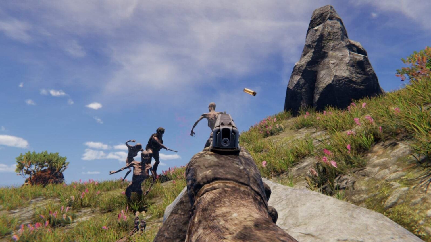First-person shooter aiming handgun at several zombie-like creatures approaching on a grassy, flower-covered hill under a partly cloudy sky