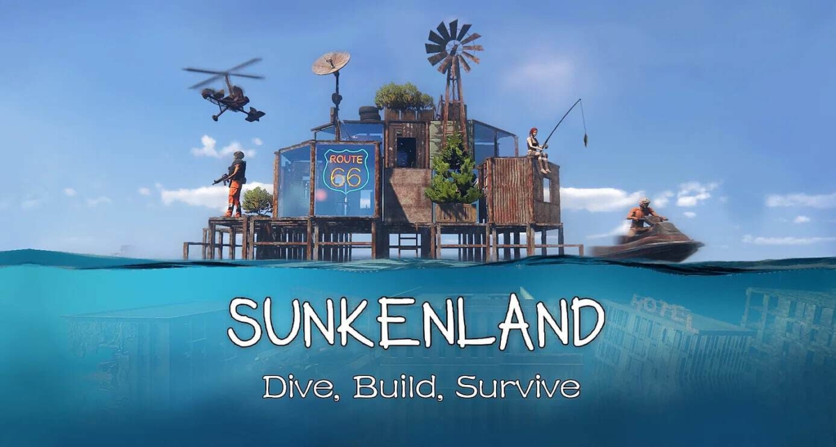 Floating wooden platform with Route 66 sign, player characters, helicopter and jet ski above water