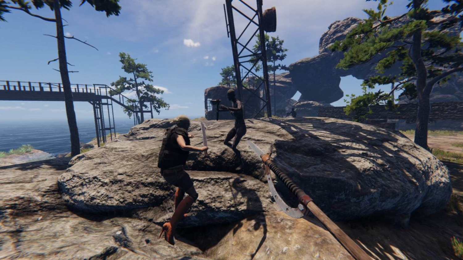 Player character wields knife confronting hostile human figure with axe on rocky coastline near sea under blue sky
