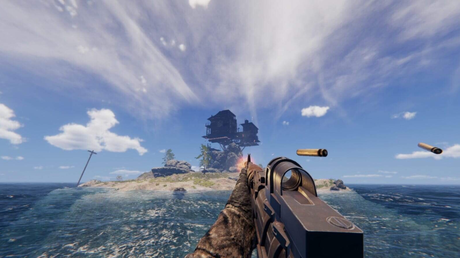 Player firing a rifle towards a rocky island with elevated wooden structures under a partly cloudy sky