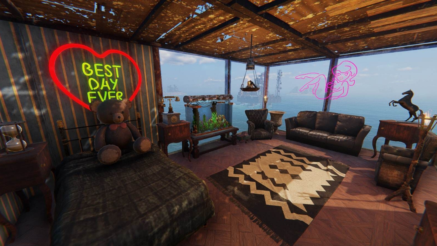Rustic room featuring a teddy bear on the bed with neon signs saying Best Day Ever and a reclining woman