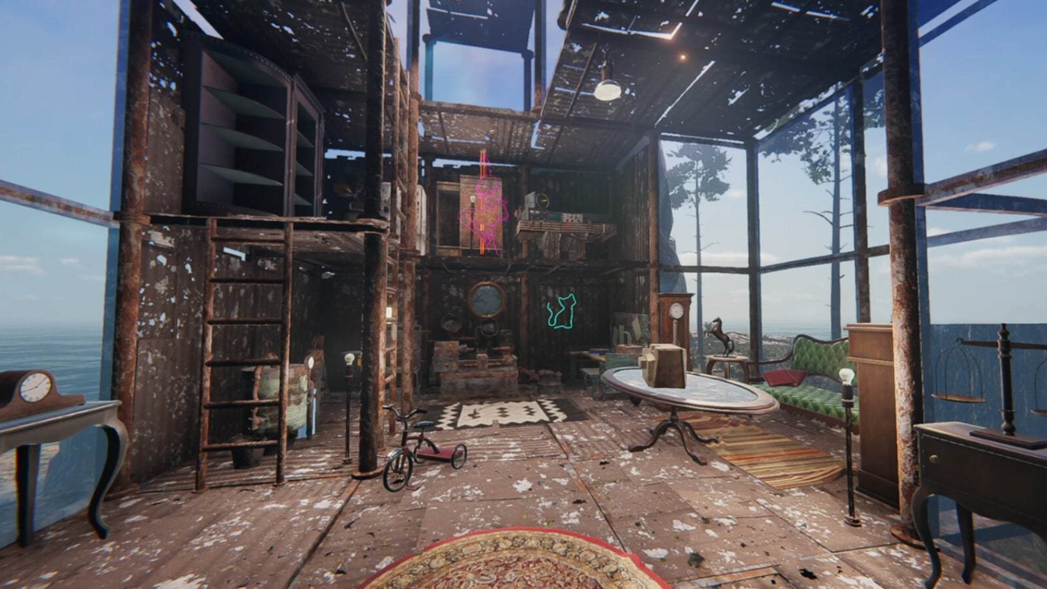 Rustic multi-level interior with worn metal walls, vintage furniture including a green sofa, clocks, a tricycle, and ocean views through glass walls
