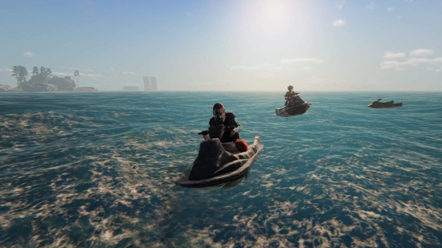 Three characters riding jet skis across a vast ocean under a bright clear sky