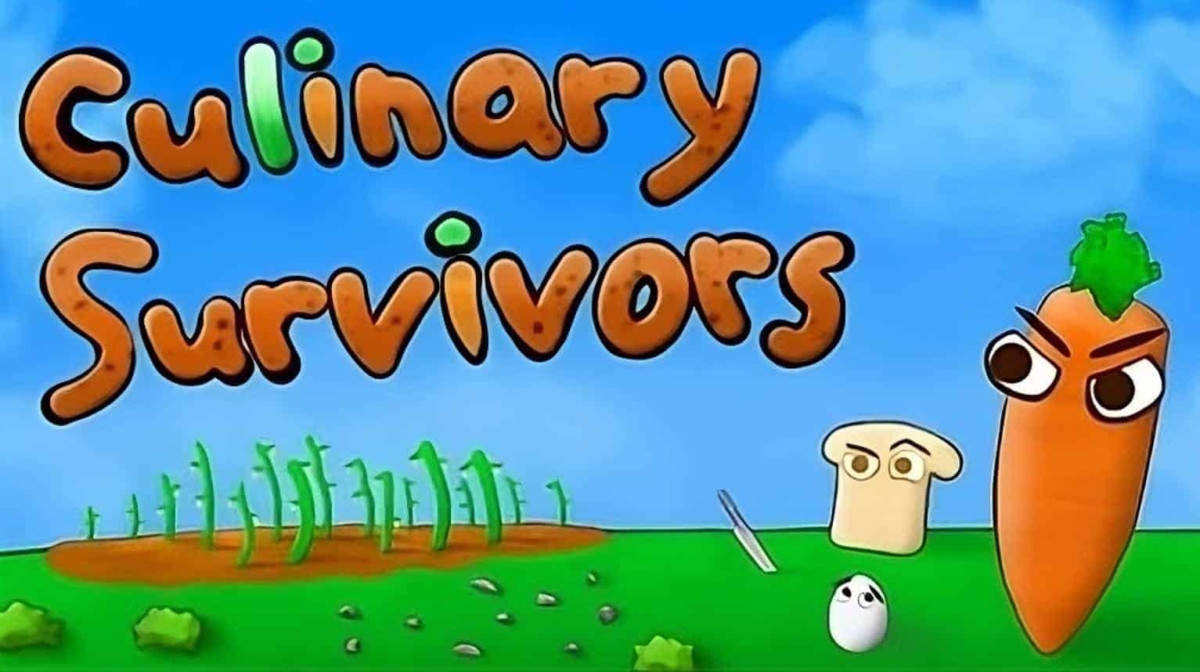 Colourful hand-drawn game title Culinary Survivors with animated carrot, mushroom and egg characters