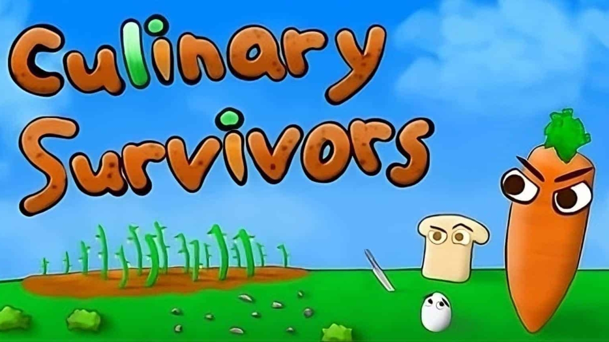 Colourful hand-drawn game title Culinary Survivors with animated carrot, mushroom and egg characters