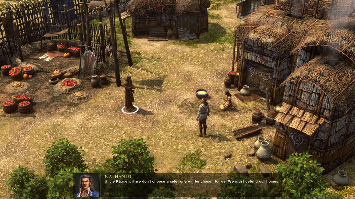 Four characters in a Native American village with huts, pottery, and crops in a game setting
