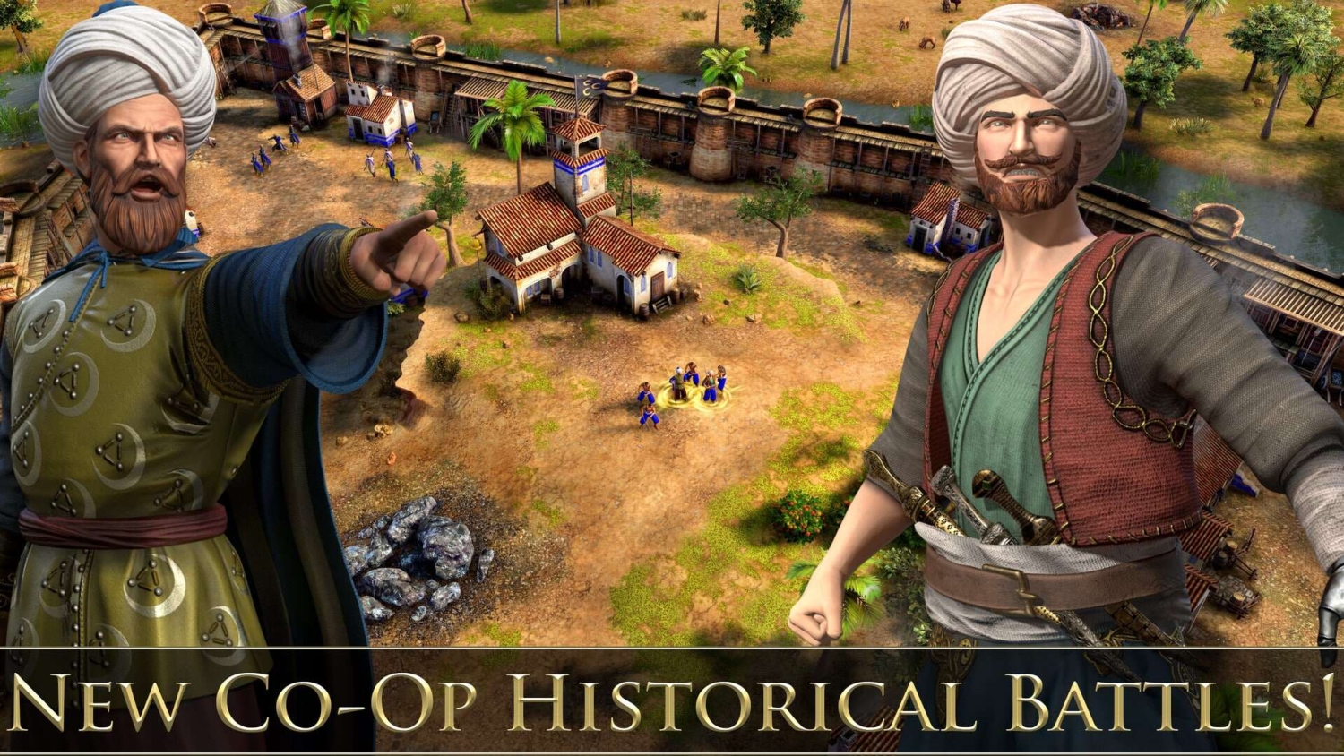 Two male characters in traditional Middle Eastern attire standing in front of a fortified village with palm trees and small groups of soldiers.