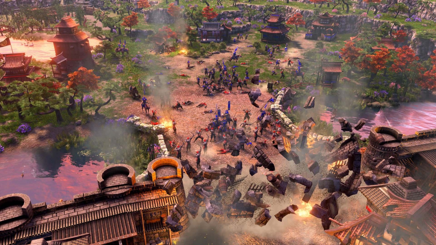 Chaos of a historic battle with soldiers clashing and a stone bridge exploding into rubble
