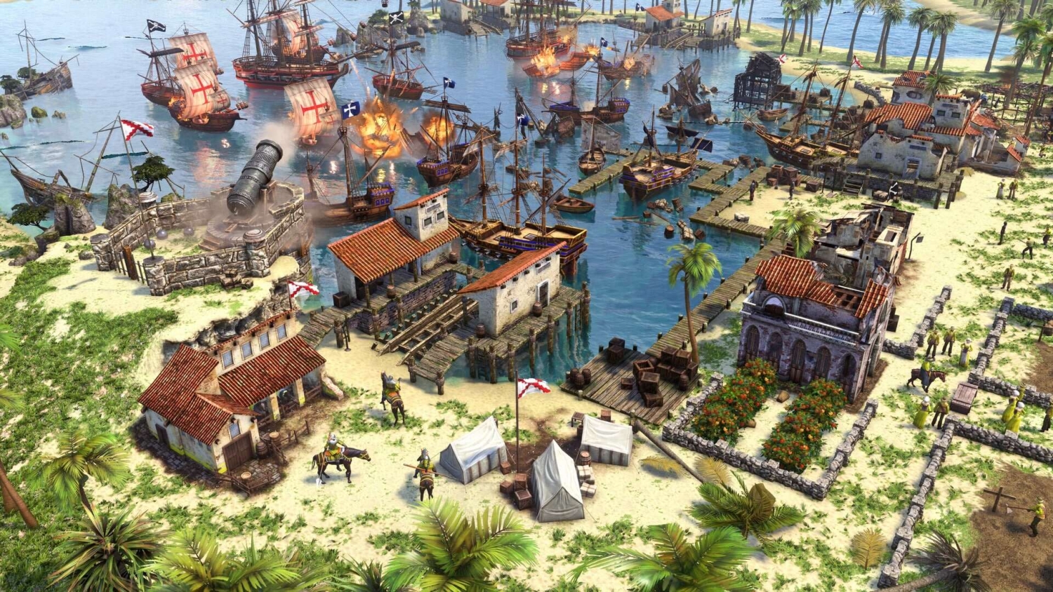 Strategic coastal settlement with ships firing cannons and soldiers on horseback amid wooden docks and small buildings