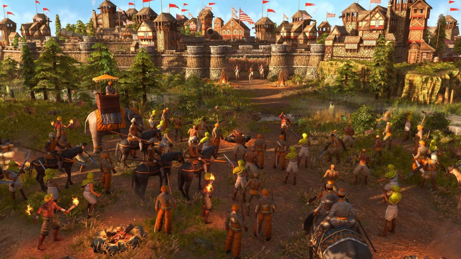 Large group of soldiers and horsemen with torches advancing towards stone castle with mounted riders at the gate