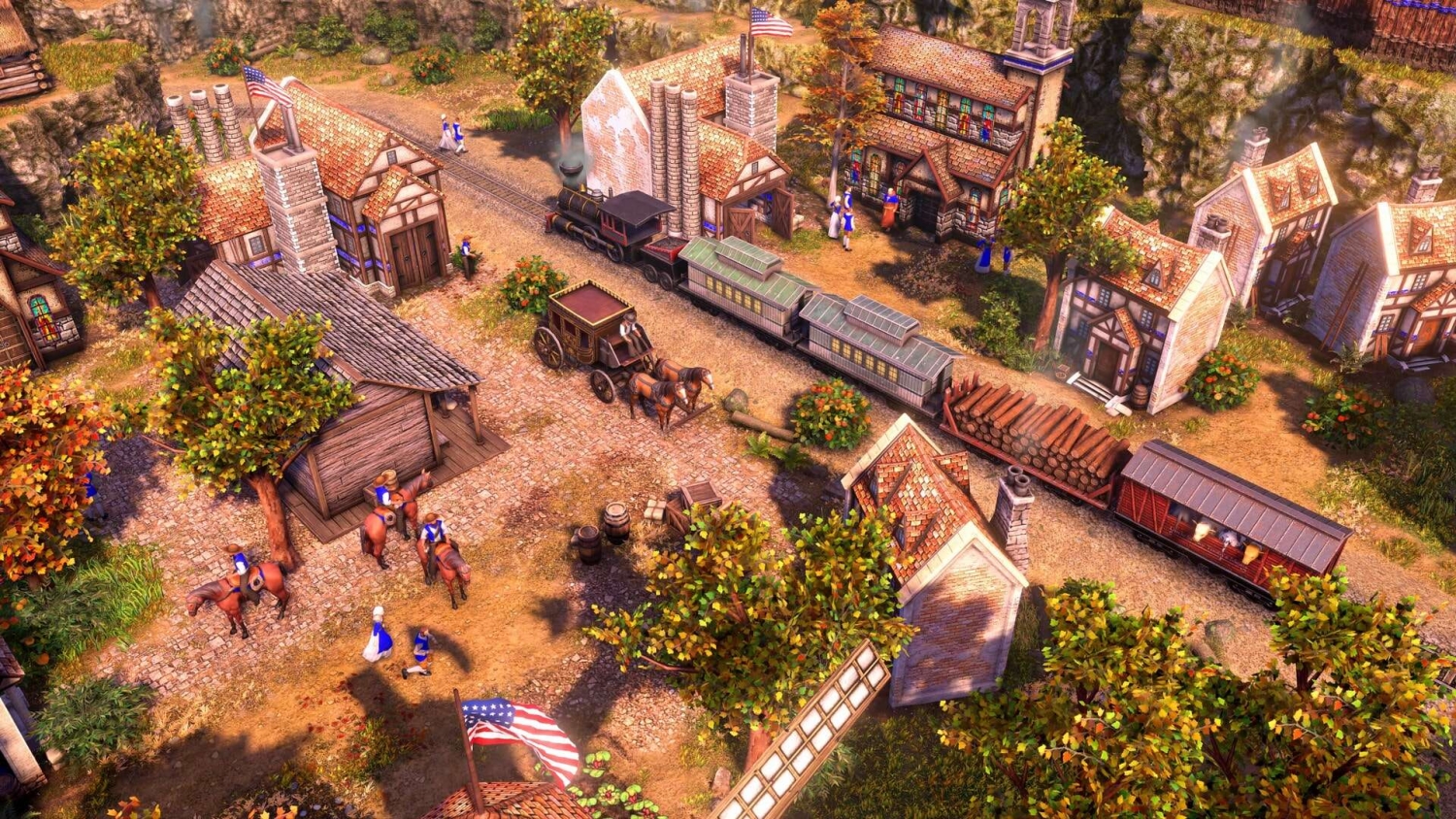A detailed colonial-style town featuring a steam train, horse carriages, and figures in historical outfits
