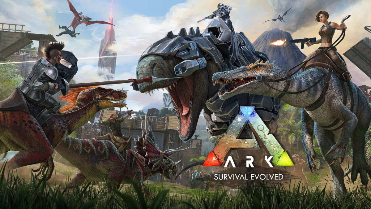 Characters riding dinosaurs and engaging in combat with weapons in a prehistoric-futuristic setting