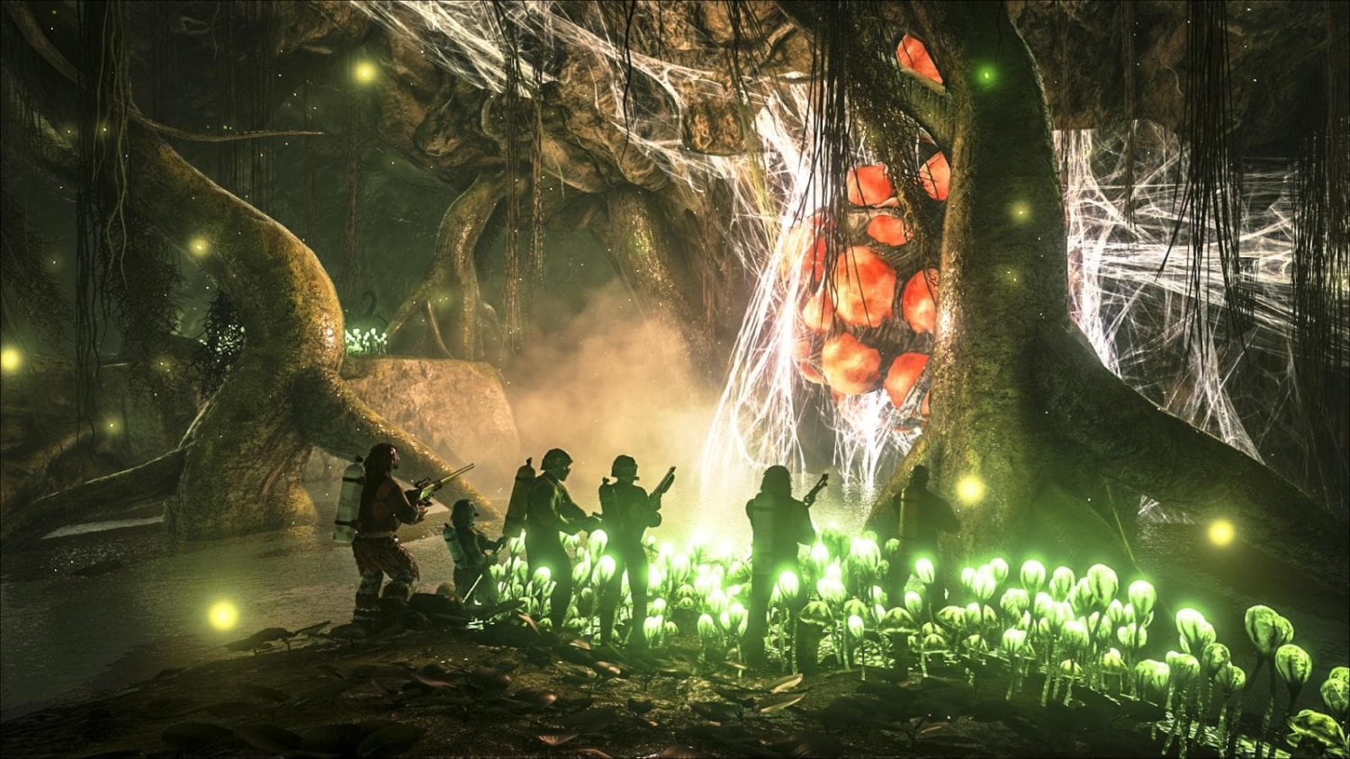 Six armed characters investigate a giant glowing egg wrapped in webs inside a dark cave with luminescent plants and hanging vines